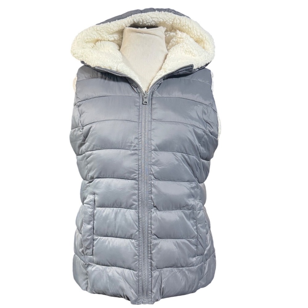 New York & Company Puffer Vest Women L Sherpa Lined Hooded Gray Gorpcore Outdoor